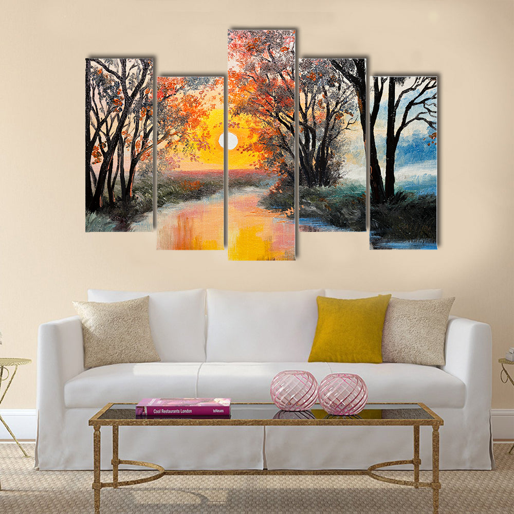 The Oil Painting On A Canvas, Indicating The River And Tree Multi Panel Canvas Wall Art