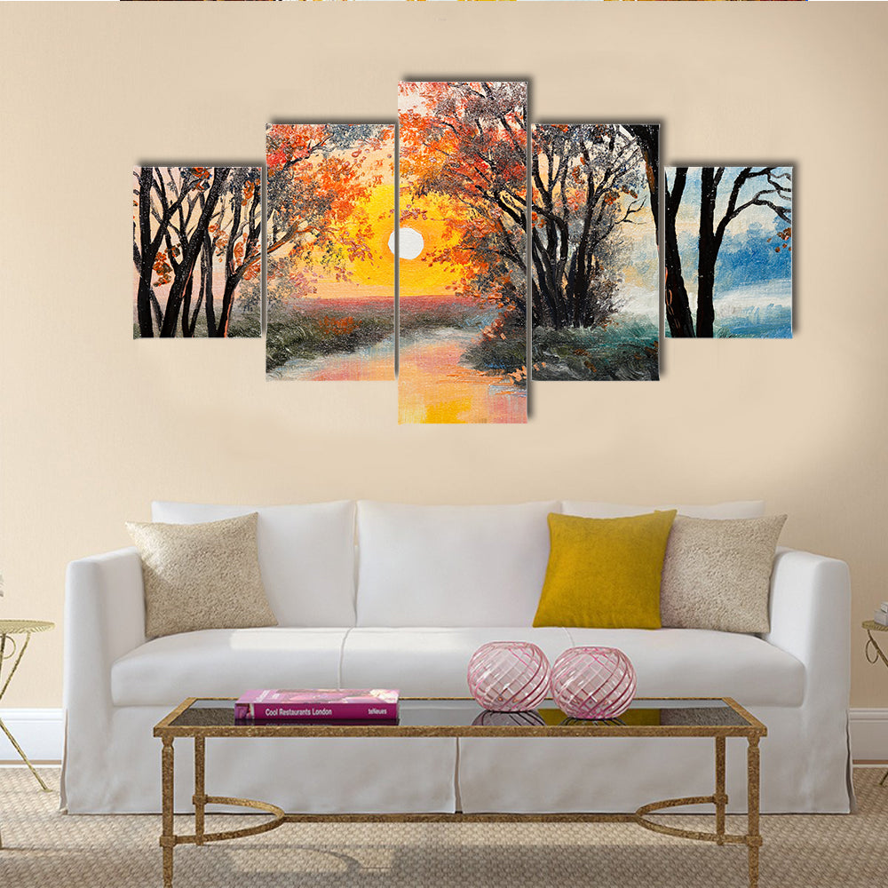 The Oil Painting On A Canvas, Indicating The River And Tree Multi Panel Canvas Wall Art