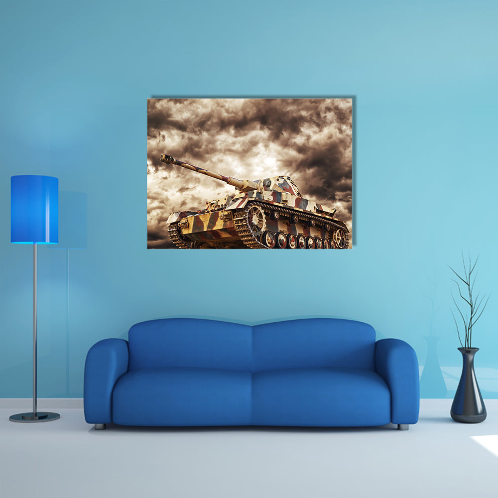 German Tank In Action With Storms In Background Multi Panel Canvas Wall Art