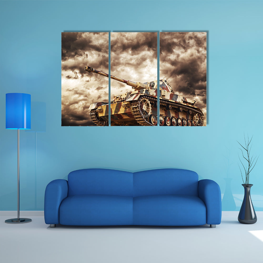 German Tank In Action With Storms In Background Multi Panel Canvas Wall Art