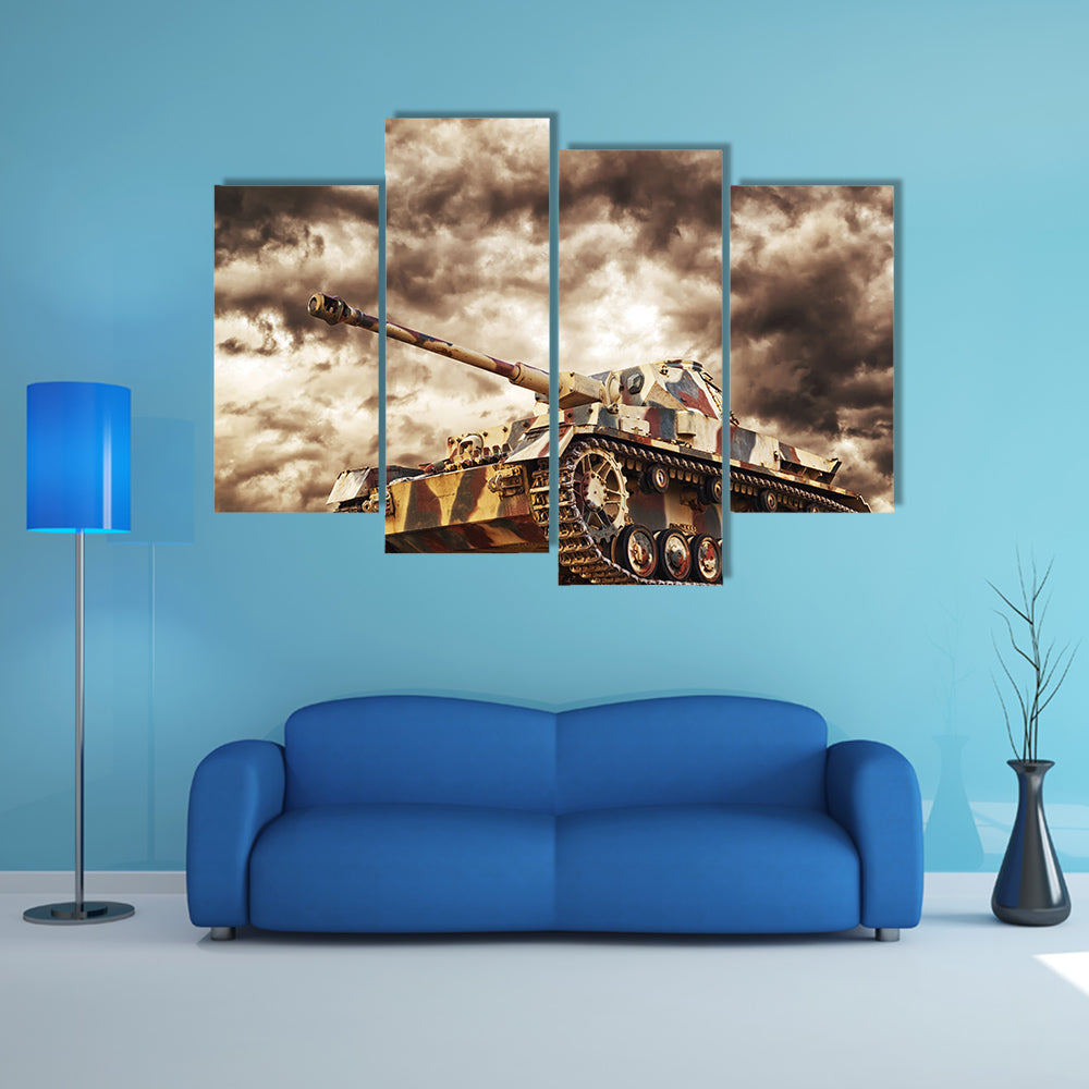German Tank In Action With Storms In Background Multi Panel Canvas Wall Art