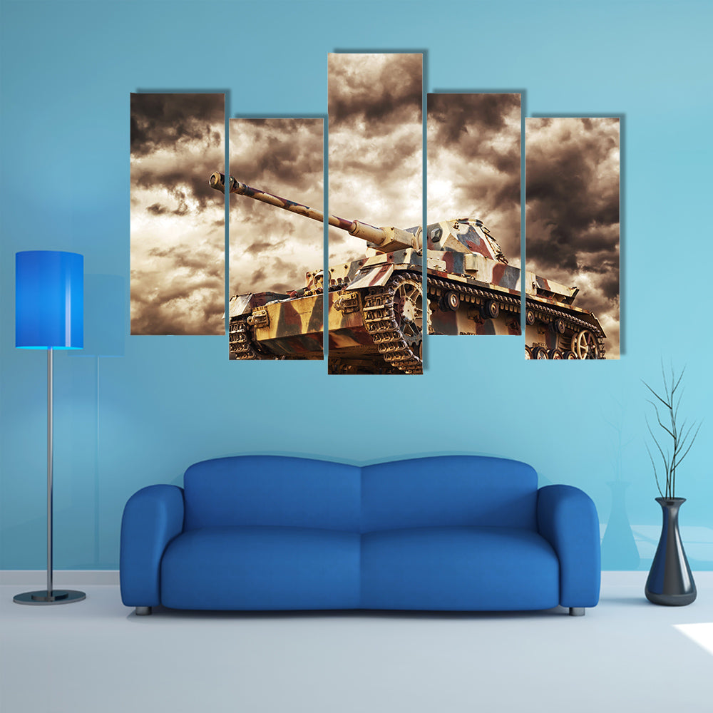 German Tank In Action With Storms In Background Multi Panel Canvas Wall Art