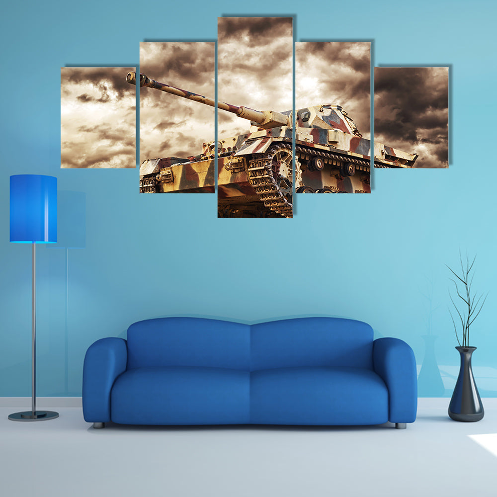 German Tank In Action With Storms In Background Multi Panel Canvas Wall Art