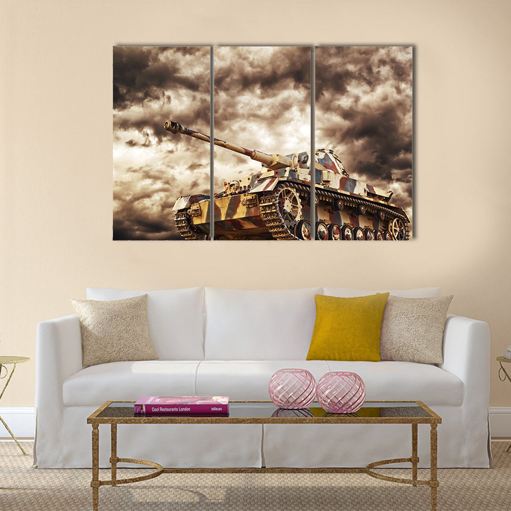 German Tank in action with dark storm clouds in background, Concept of war and conflict Multi Panel Canvas Wall Art