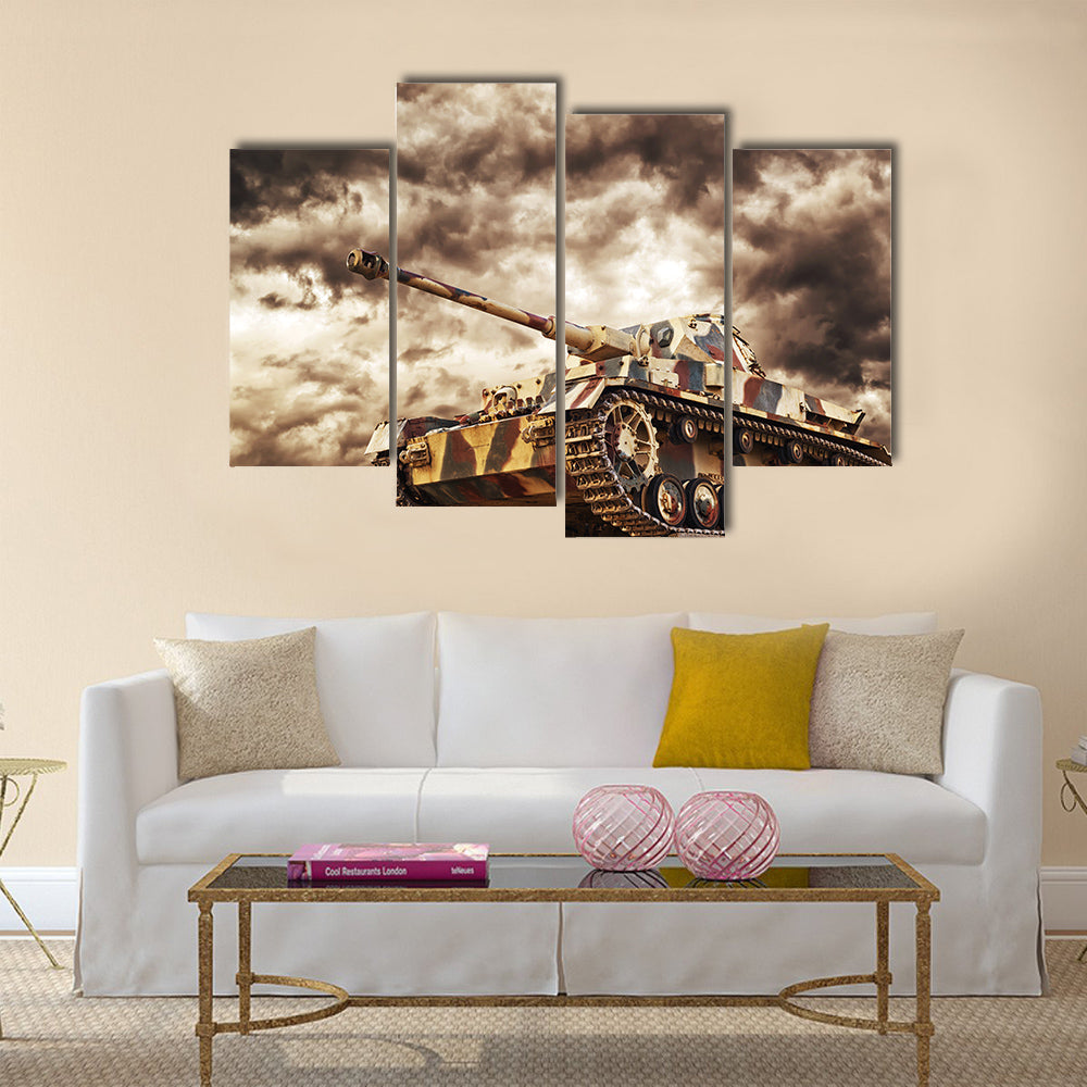 German Tank in action with dark storm clouds in background Multi Panel Canvas Wall Art
