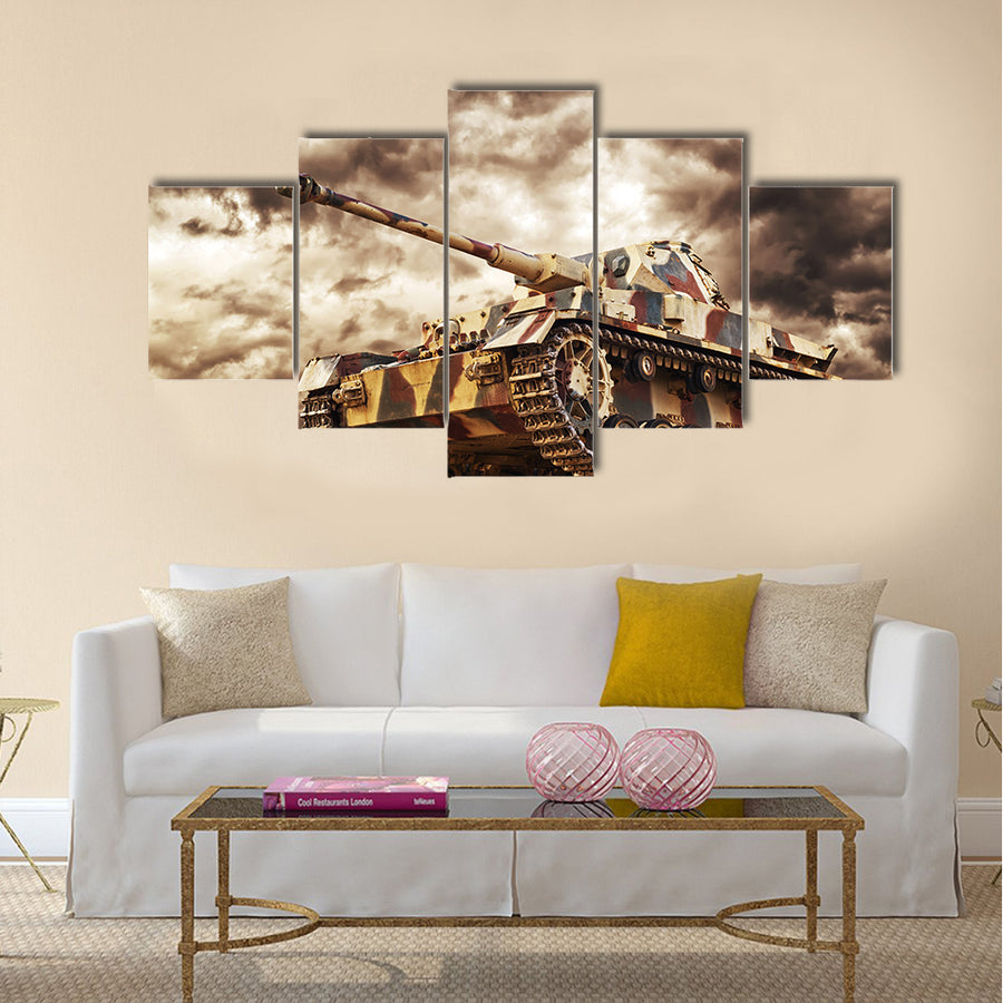 German Tank in action with dark storm clouds in background Multi Panel Canvas Wall Art