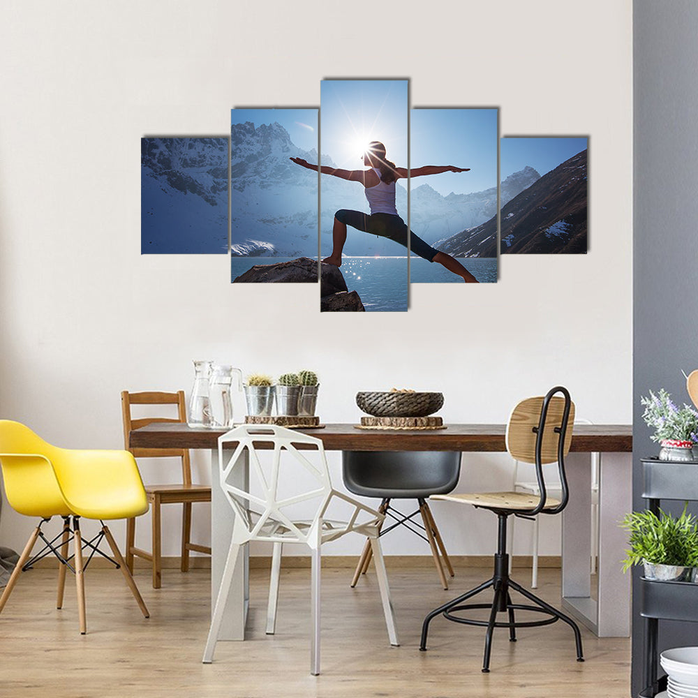 Young Woman is Practicing Yoga at Mountain Lake Multi Panel Canvas Wall Art