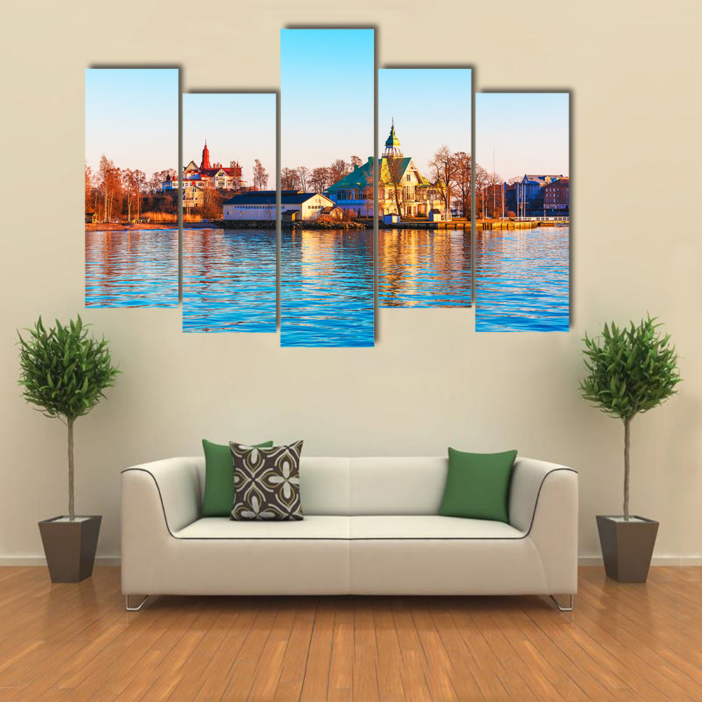 sea sunset in the harbor of the Old Town of Helsinki, Finland multi panel canvas wall art