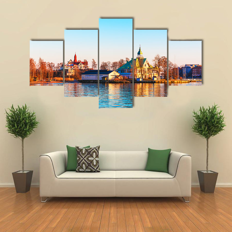 sea sunset in the harbor of the Old Town of Helsinki, Finland multi panel canvas wall art