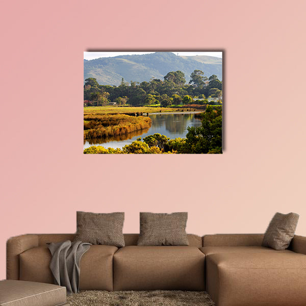 Morning sunshine on a countryside field and hills Multi panel canvas wall art