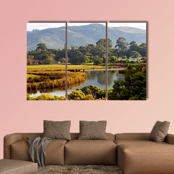 Morning sunshine on a countryside field and hills Multi panel canvas wall art