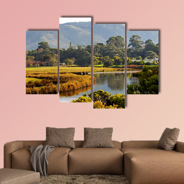 Morning sunshine on a countryside field and hills Multi panel canvas wall art