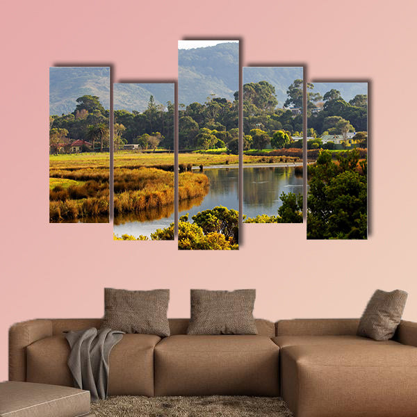 Morning sunshine on a countryside field and hills Multi panel canvas wall art