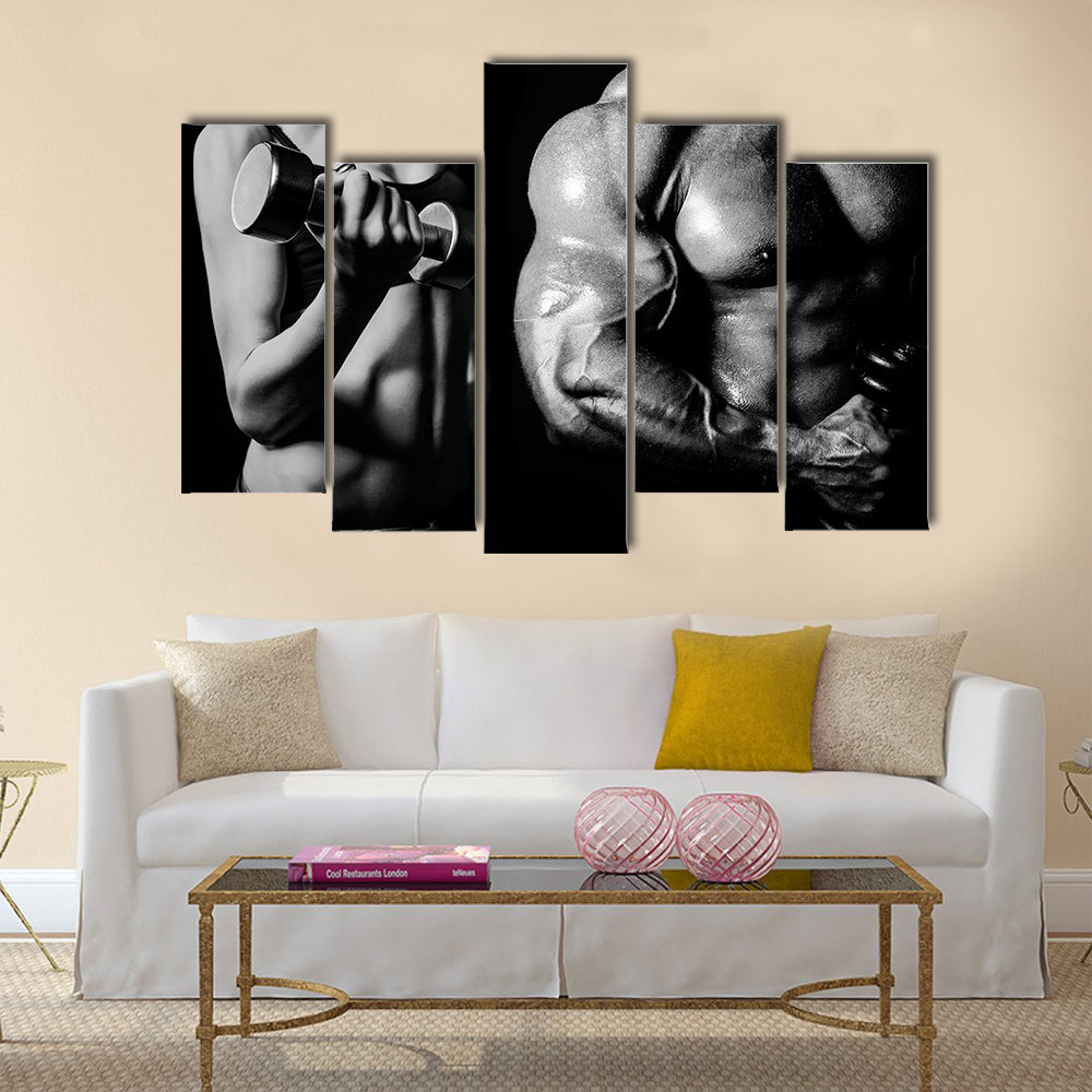 Bodybuilding, Strong man and a woman posing on a black background, Multi panel canvas wall art