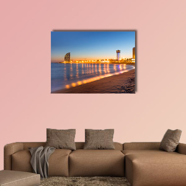 Beach in Barcelona during sunset multi panel canvas wall art