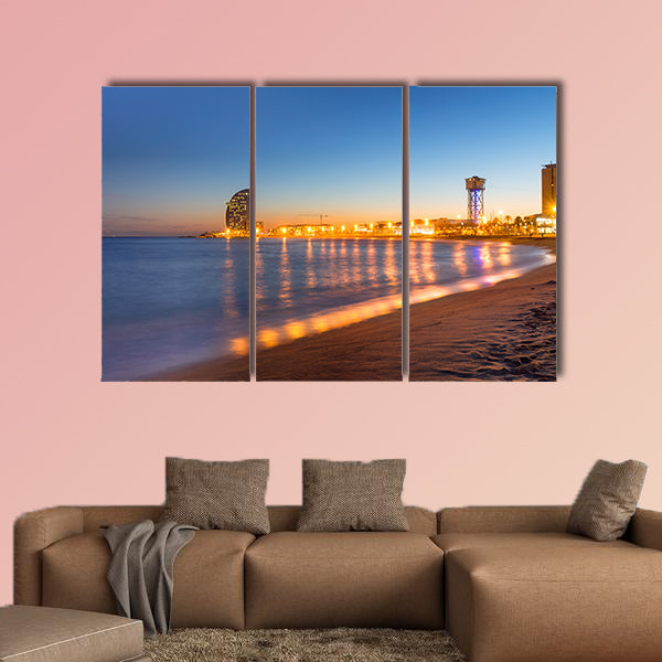 Beach in Barcelona during sunset multi panel canvas wall art