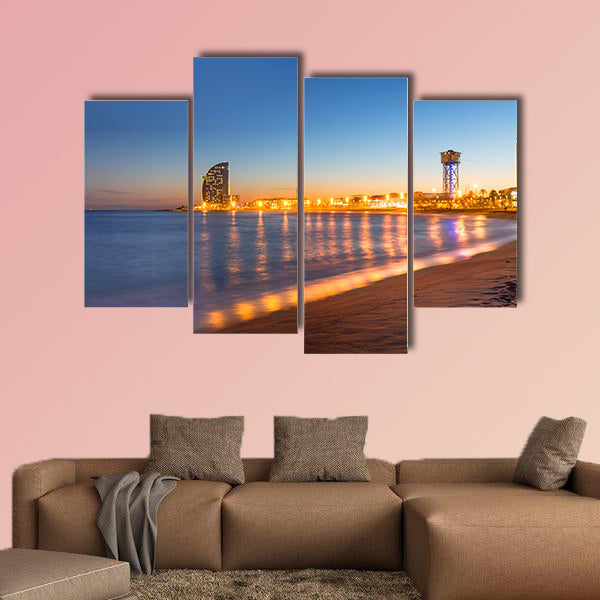 Beach in Barcelona during sunset multi panel canvas wall art
