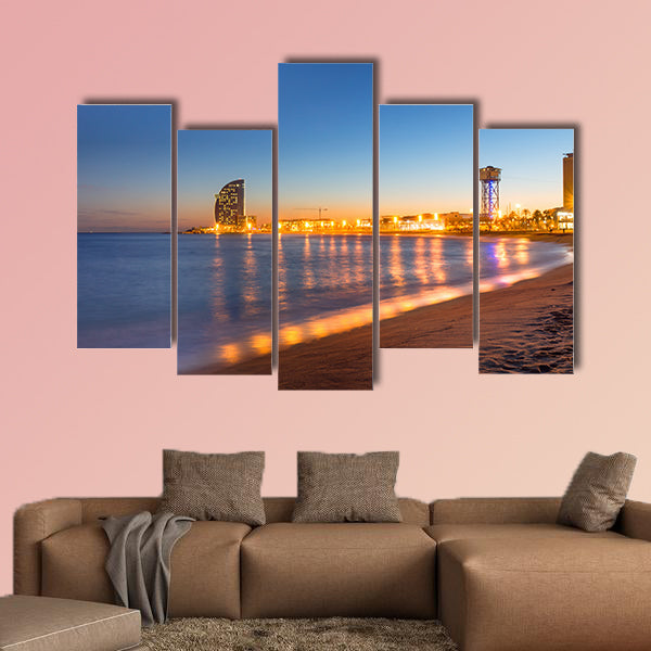 Beach in Barcelona during sunset multi panel canvas wall art
