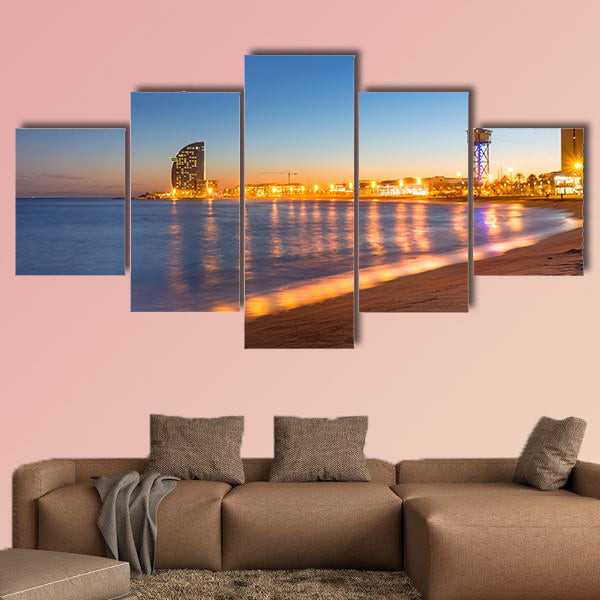 Beach in Barcelona during sunset multi panel canvas wall art