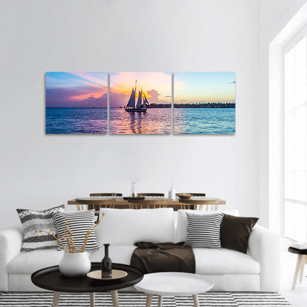 Sunset at Key West with sailing boat and bright sky panoramic canvas wall art