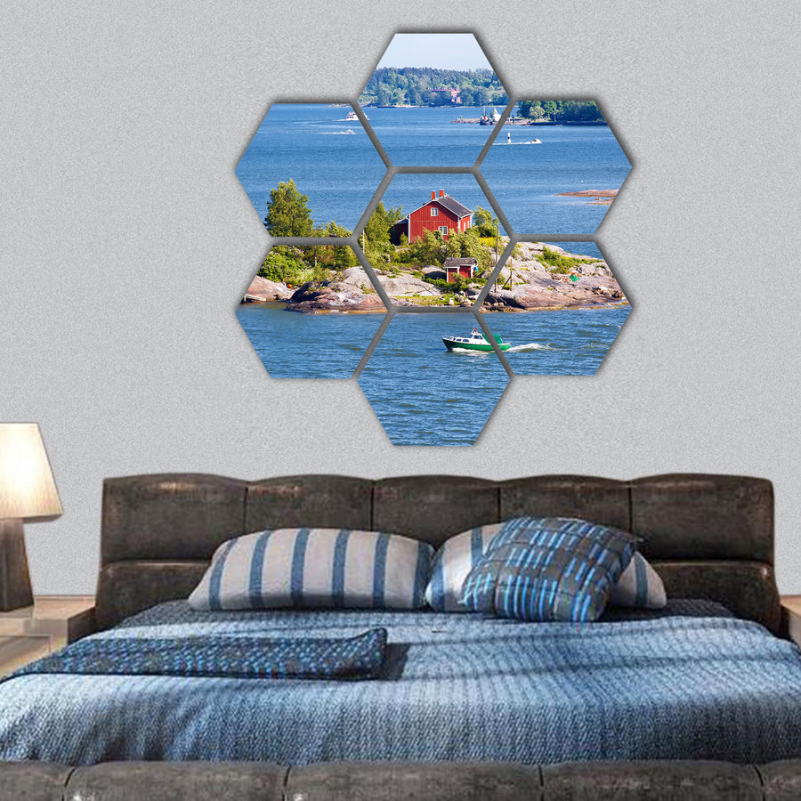 House on island in Baltic sea, Helsinki, Finland hexagonal canvas wall art