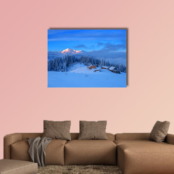 Wooden house in winter forest multi panel canvas wall art