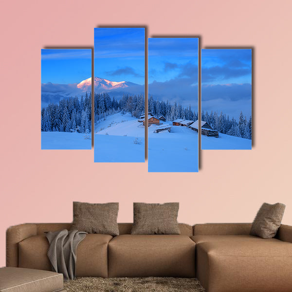 Wooden house in winter forest multi panel canvas wall art