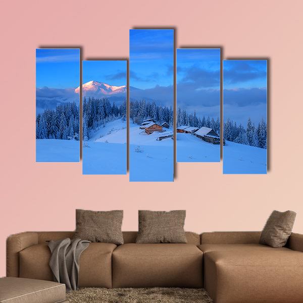 Wooden house in winter forest multi panel canvas wall art