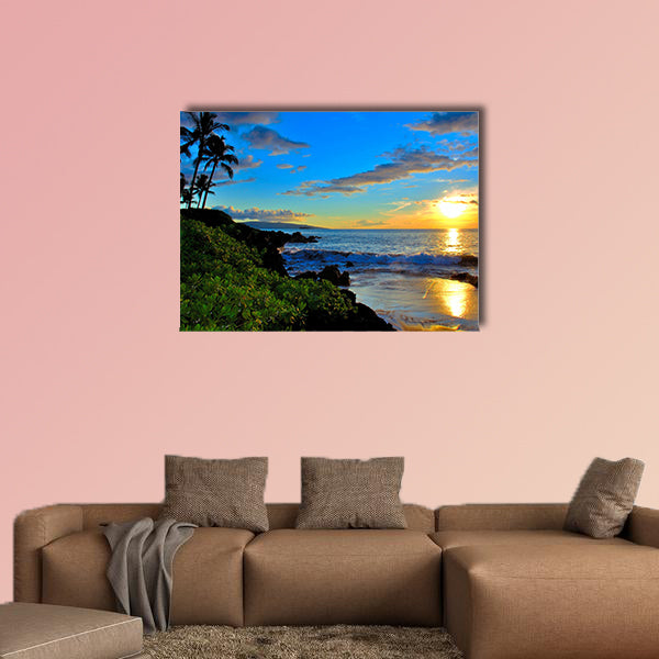 Maui Beach Sunset with palm trees and foliage multi panel canvas wall art