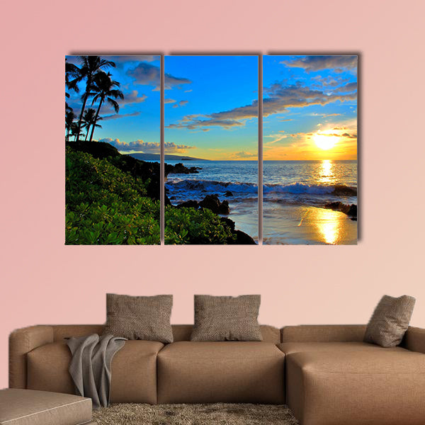 Maui Beach Sunset with palm trees and foliage multi panel canvas wall art