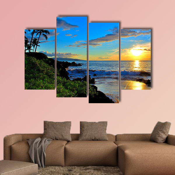 Maui Beach Sunset with palm trees and foliage multi panel canvas wall art
