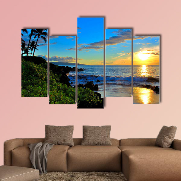 Maui Beach Sunset with palm trees and foliage multi panel canvas wall art