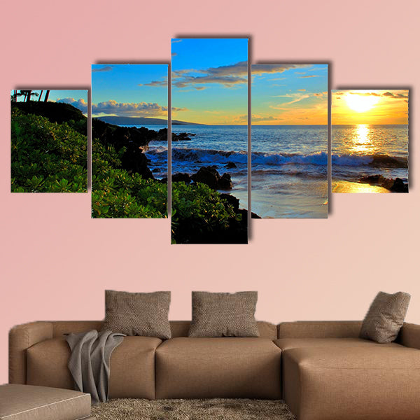 Maui Beach Sunset with palm trees and foliage multi panel canvas wall art