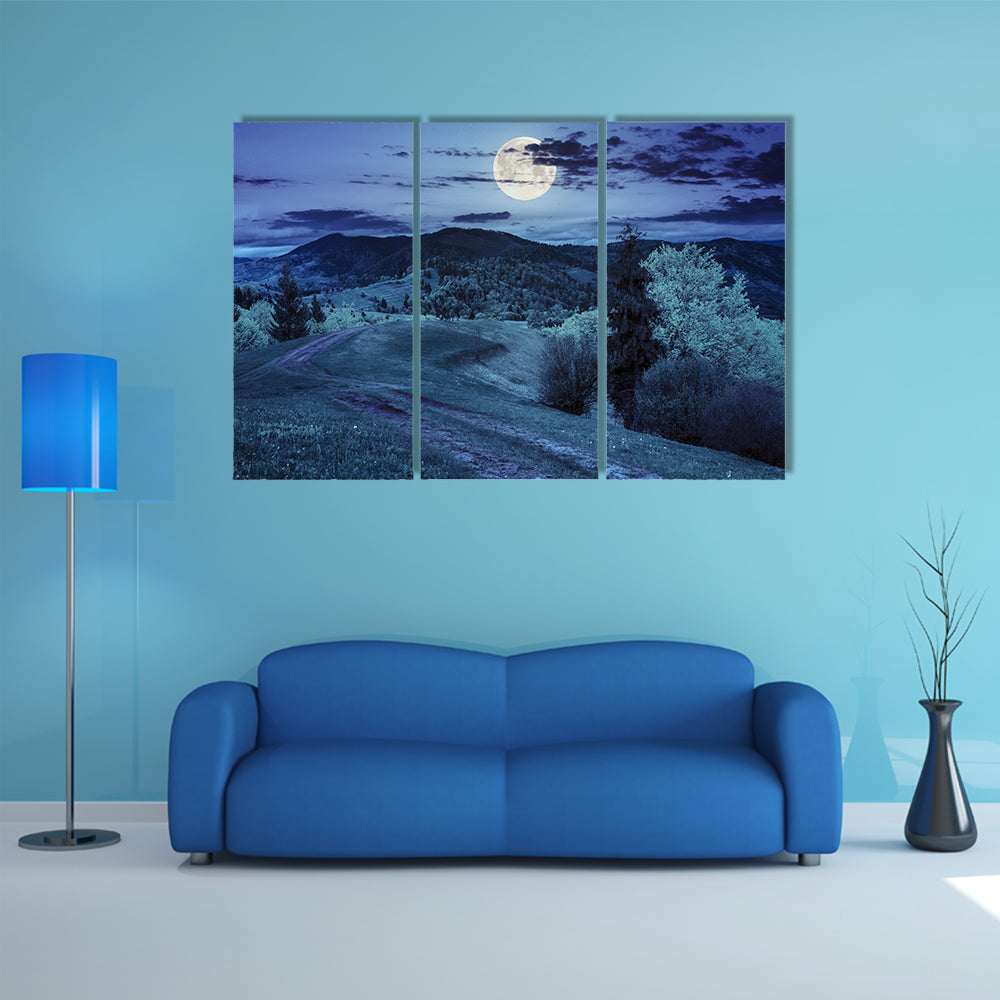 A Composite Mountain Landscape With Road On Hillside Meadow Few Fir Trees And Forest Multi Panel Canvas Wall Art