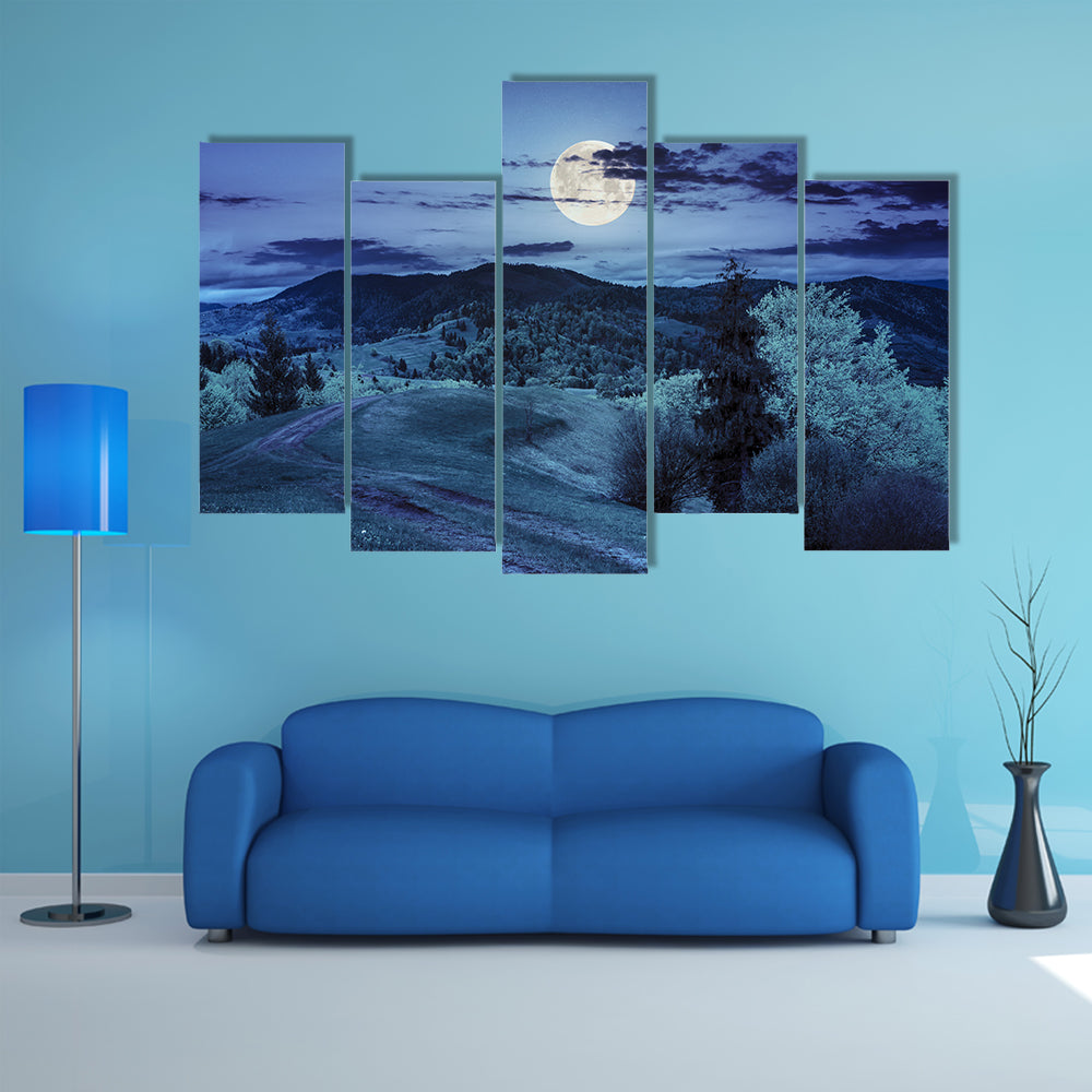 A Composite Mountain Landscape With Road On Hillside Meadow Few Fir Trees And Forest Multi Panel Canvas Wall Art
