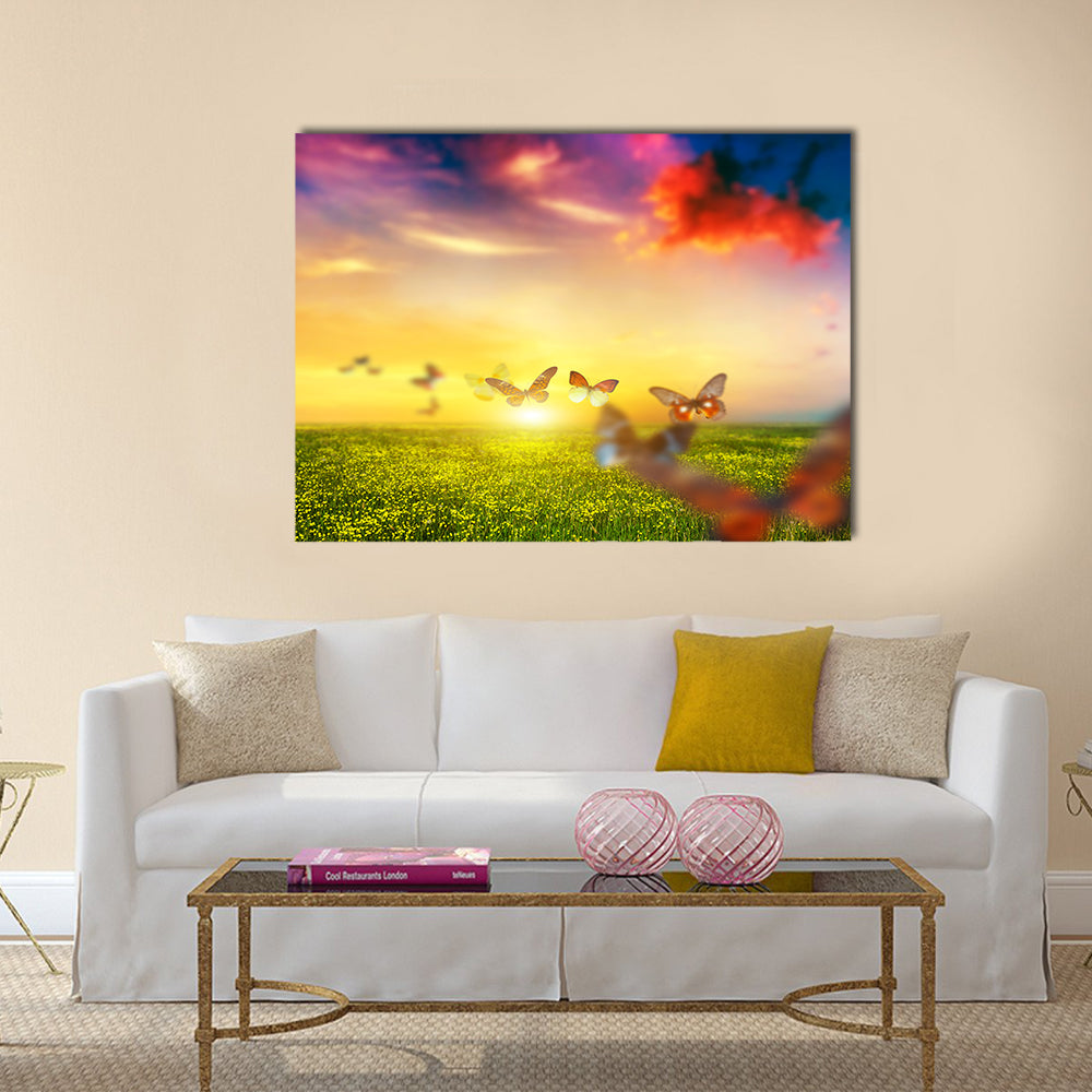 Colorful butterflies flying over spring meadow with flowers Multi Panel Canvas Wall Art