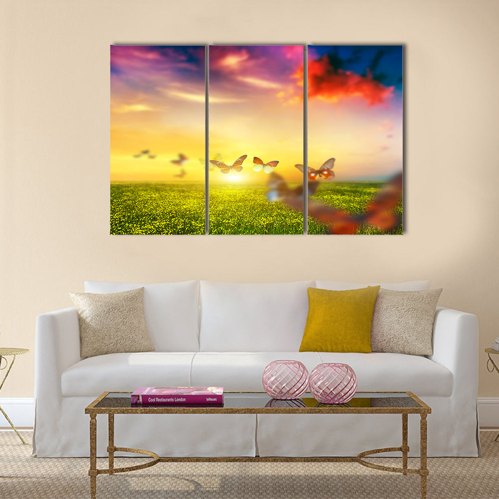Colorful butterflies flying over spring meadow with flowers Multi Panel Canvas Wall Art