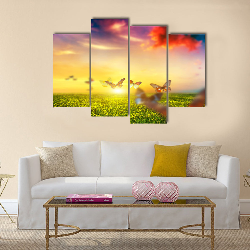 Colorful butterflies flying over spring meadow with flowers Multi Panel Canvas Wall Art