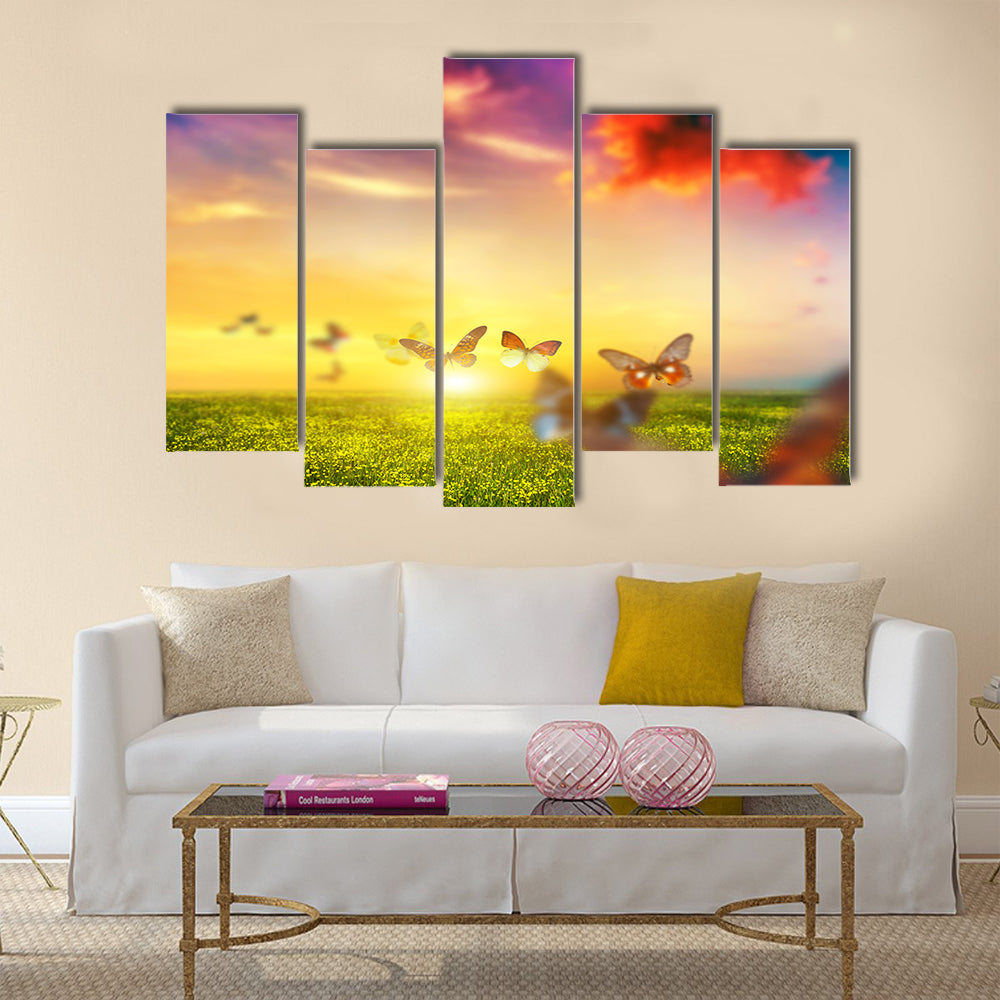 Colorful butterflies flying over spring meadow with flowers Multi Panel Canvas Wall Art