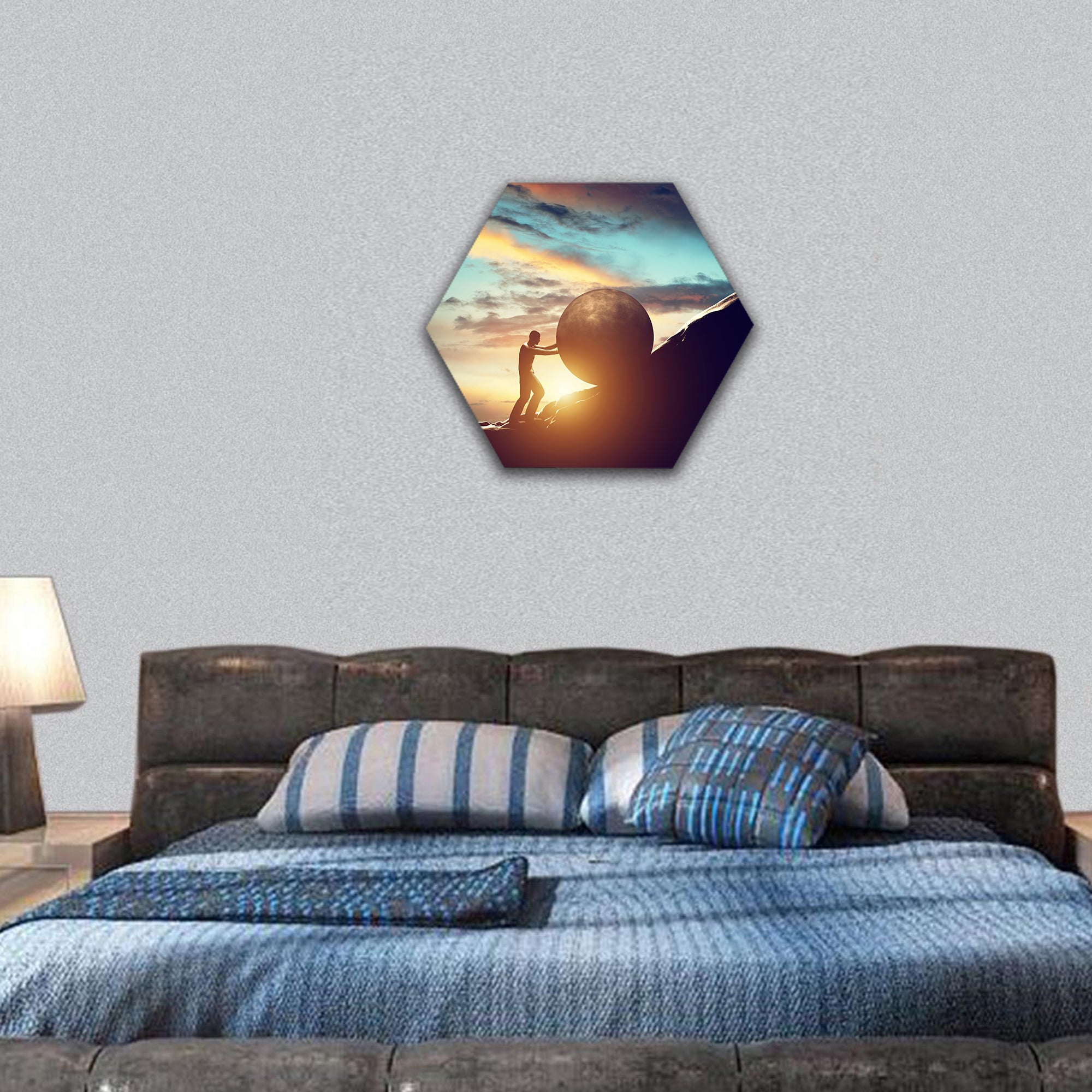 Man rolling huge concrete ball up hill hexagonal canvas wall art