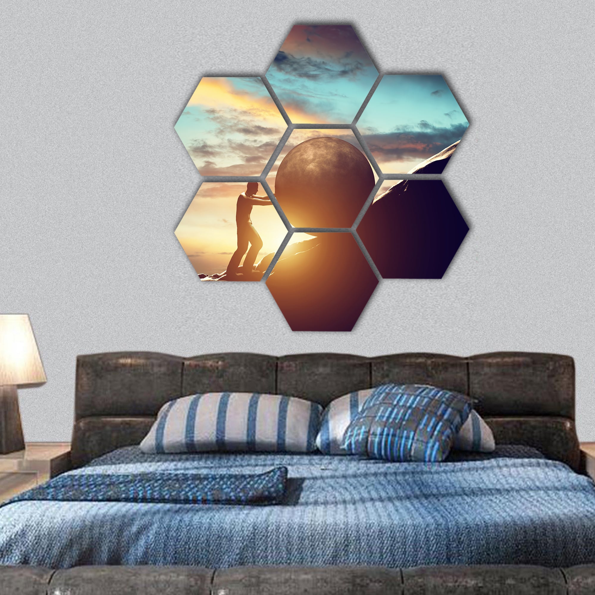 Man rolling huge concrete ball up hill hexagonal canvas wall art