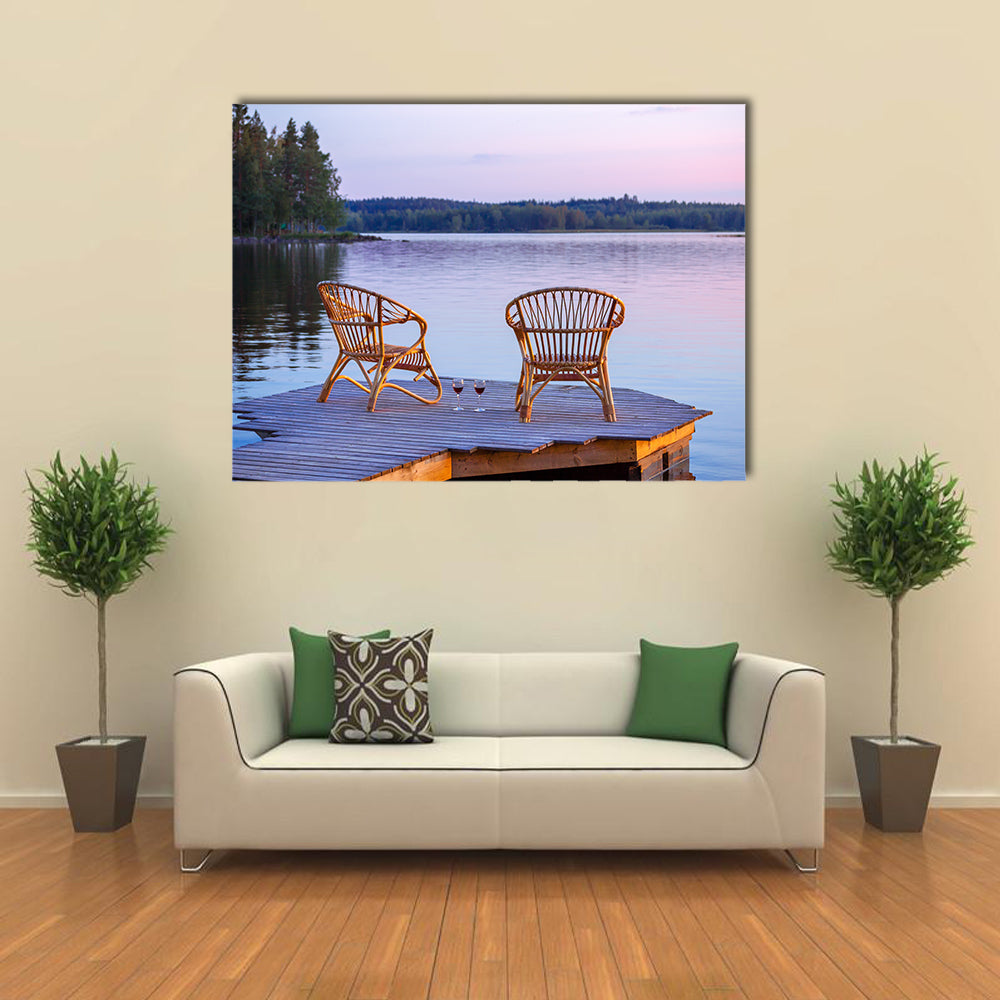 Two chairs on dock with glasses of wine multi panel canvas wall art
