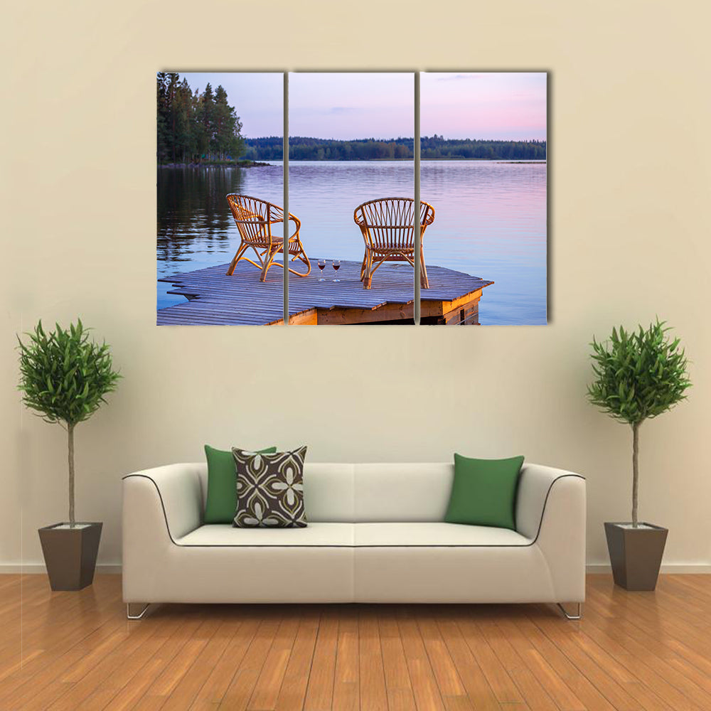 Two chairs on dock with glasses of wine multi panel canvas wall art