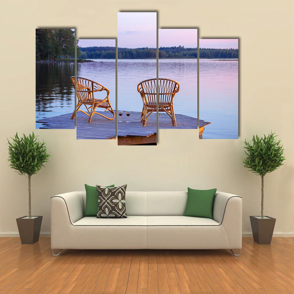 Two chairs on dock with glasses of wine multi panel canvas wall art