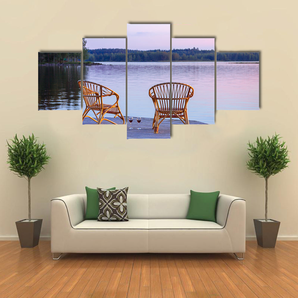Two chairs on dock with glasses of wine multi panel canvas wall art