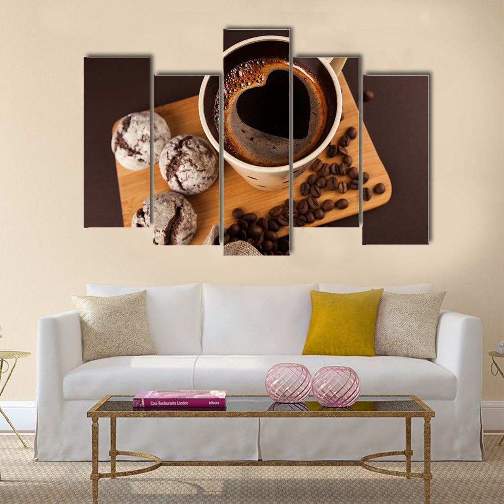 Cup of coffee with foam, heart shaped Multi Panel Canvas Wall Art