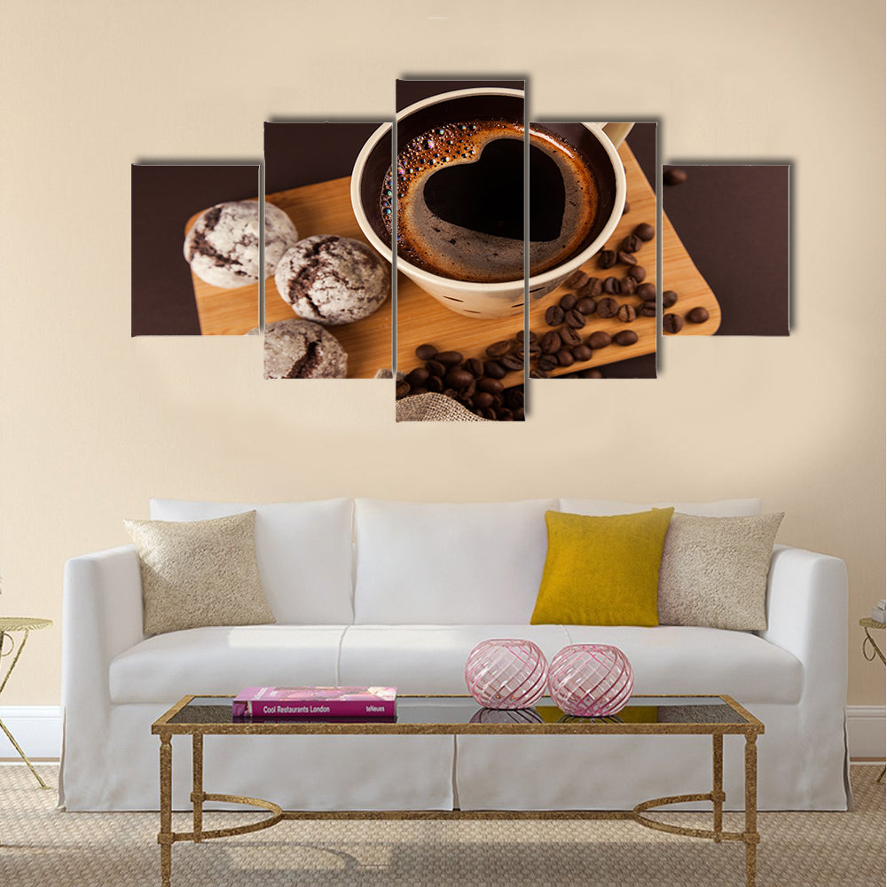 Cup of coffee with foam, heart shaped Multi Panel Canvas Wall Art