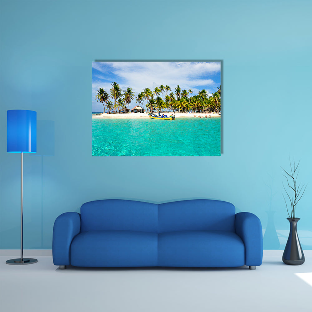 Tourist arriving beautiful beach with crystal clear turquoise water multi panel canvas wall art