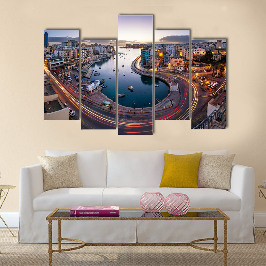 Aerial View on Saint Julien and Spinola Bay at Dawn Malta, Multi Panel Canvas Wall Art