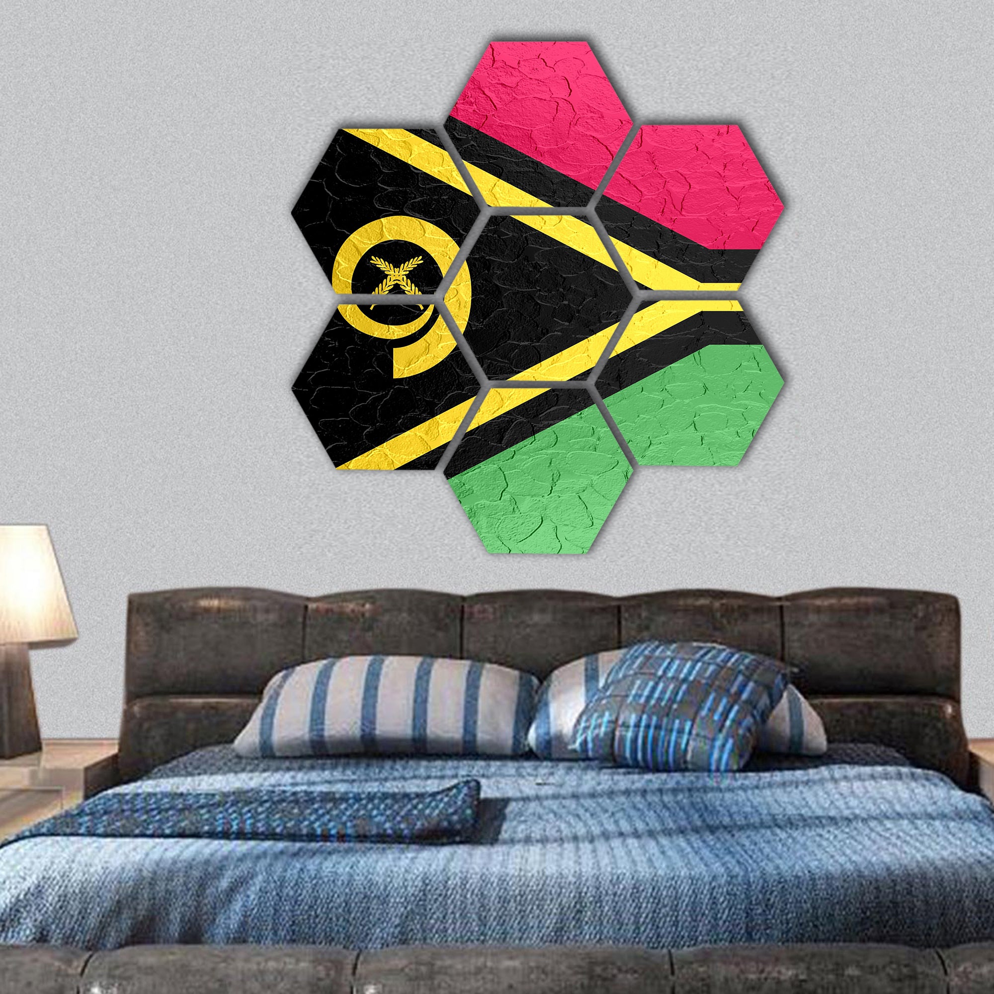 Vanuatu flag on metallic metal texture hexagonal canvas wall art